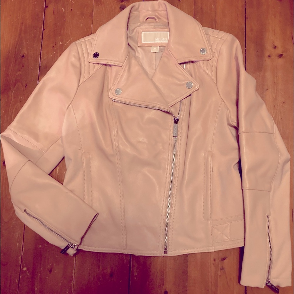 NEW MICHAEL KORS $495 PINK LEATHER MOTO JACKET SZ M MEDIUM